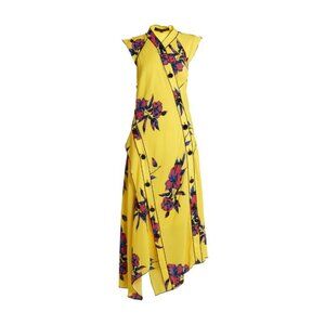 Proenza Schouler Asymmetric Maxi Dress Silk Yellow Floral Print Cap Sleeves Sz 2